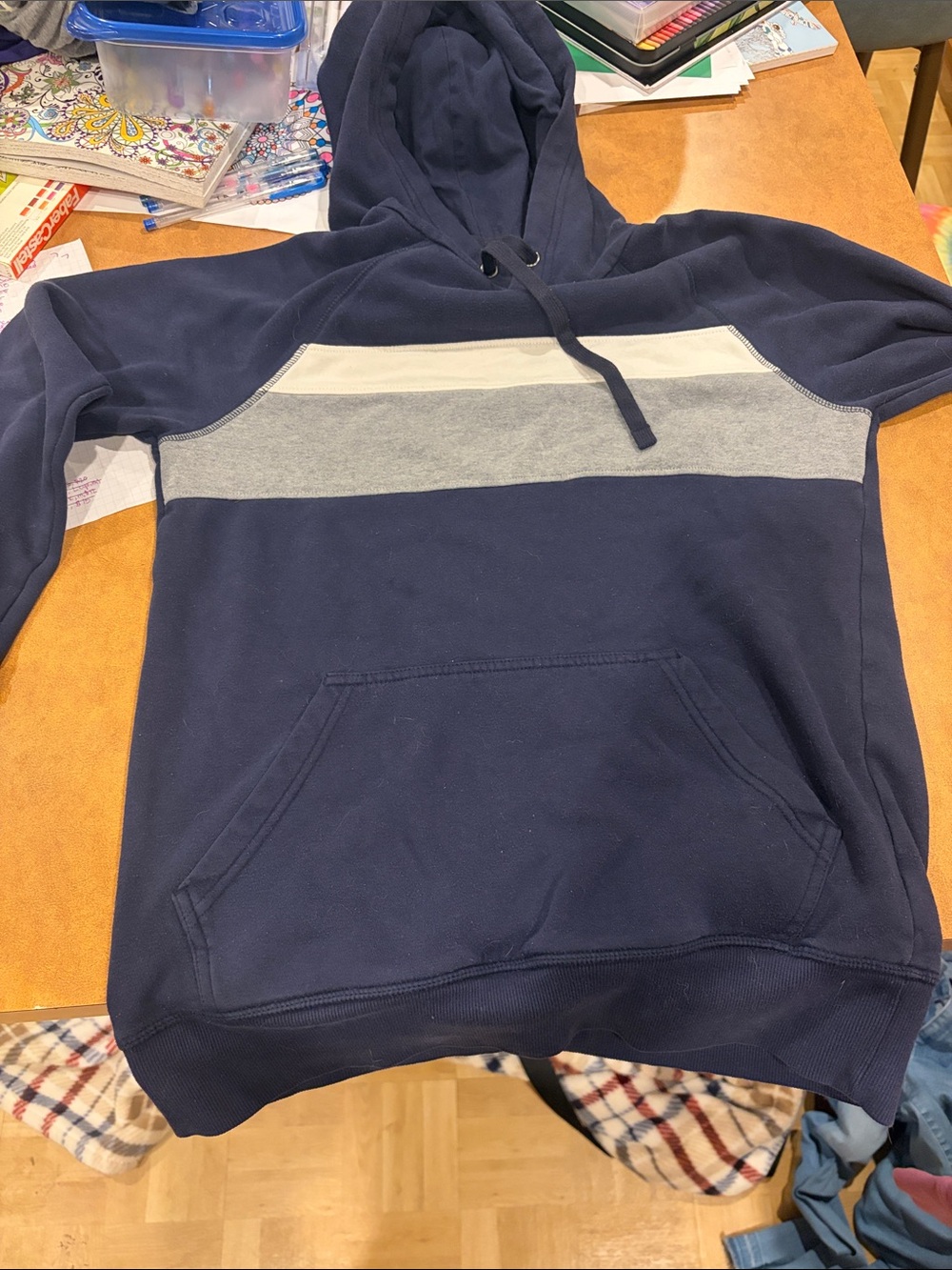 Goodfellow & Co Navy Pullover Hoodie with Gray and Cream Stripe